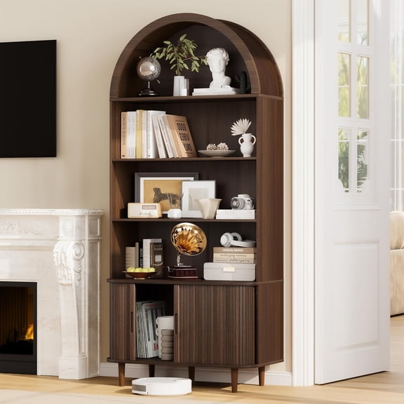 71" Tall Arched Bookshelf, 5 Tiers Arch Bookcase with Storage, Modern Farmhouse Book Shelf with Adjustable Shelves &Sliding Doors, Wood Display Cabinet for Living Room, Office (Coffe Brown)