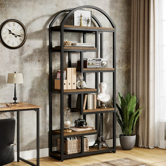 71" Tall Arched Bookshelf, 7-Tier Industrial Etagere Bookcase, Rustic Brown & Black