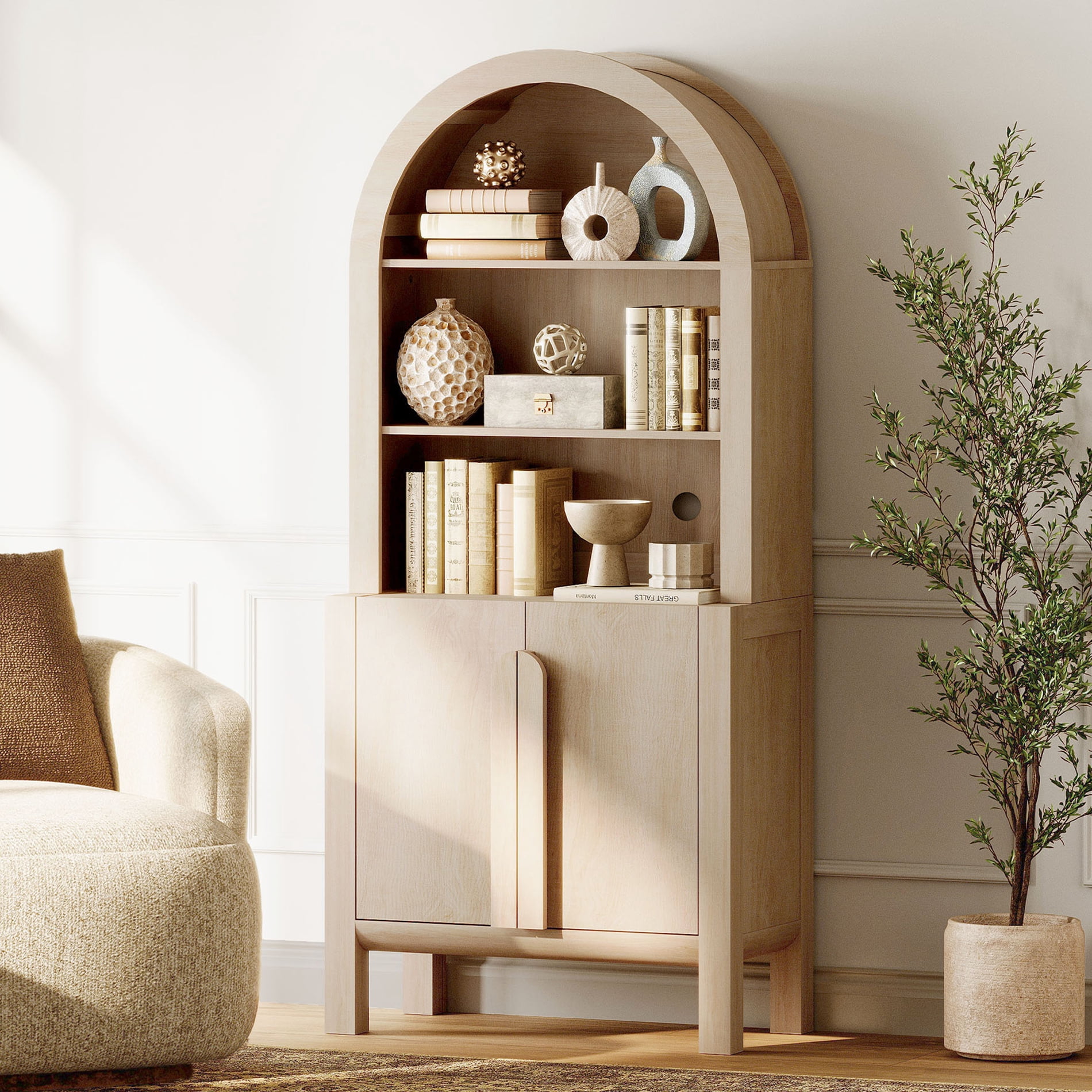 71” Tall Arched Bookshelf, Modern 5 Tier Bookcase with Cabinet, Wooden Display Cabinet with Doors and Adjustable Shelves, Versatile Bookshelf for Living Room, Study, Office
