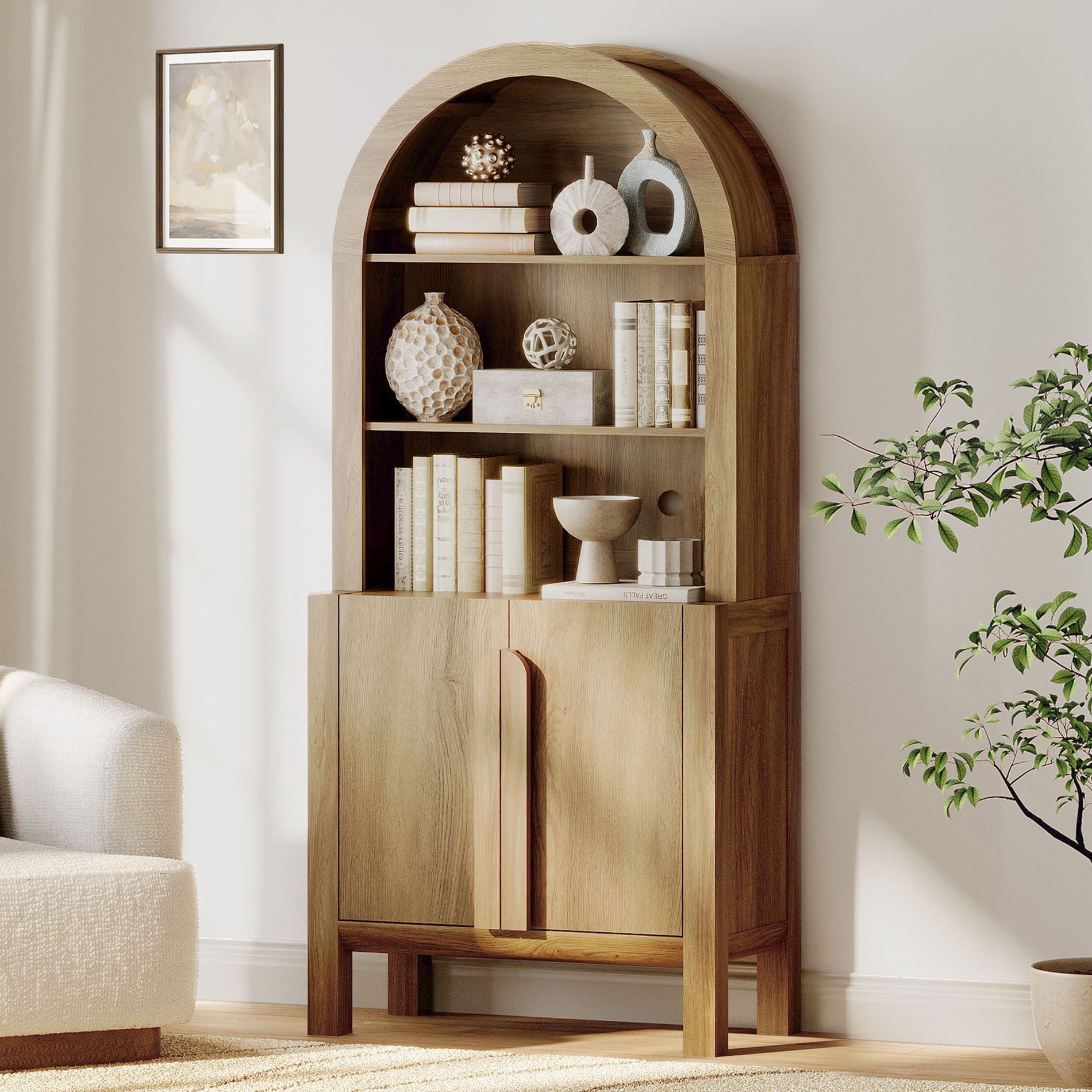 71” Tall Arched Bookshelf, Modern 5 Tier Bookcase with Cabinet, Wooden Display Cabinet with Doors and Adjustable Shelves, Versatile Bookshelf for Living Room, Study, Office