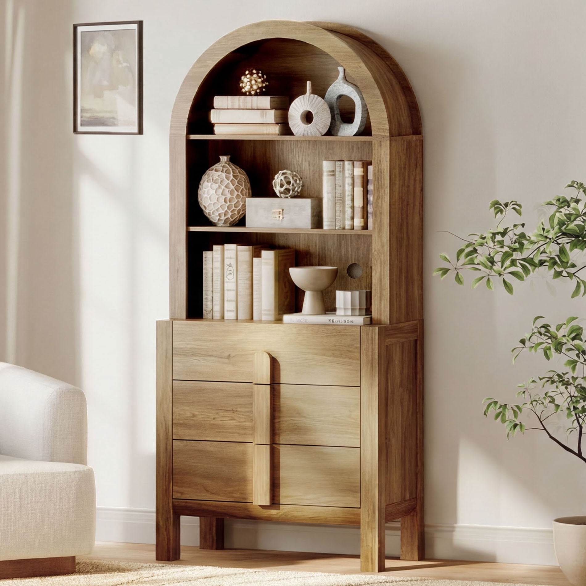 71” Tall Arched Bookshelf, Modern 3 Tier Bookcase with Open Storage, Wooden Display Cabinet with Drawer and Adjustable Shelves, Versatile Bookshelf for Living Room, Study, Office