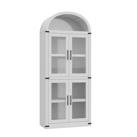 71" Tall Arched Bookshelf, Modern Farmhouse Bookcase with Open Shelf, Freestanding Wooden Display Cabinet Organizer with 4 Glass Doors for Living Room, Bedroom, Black