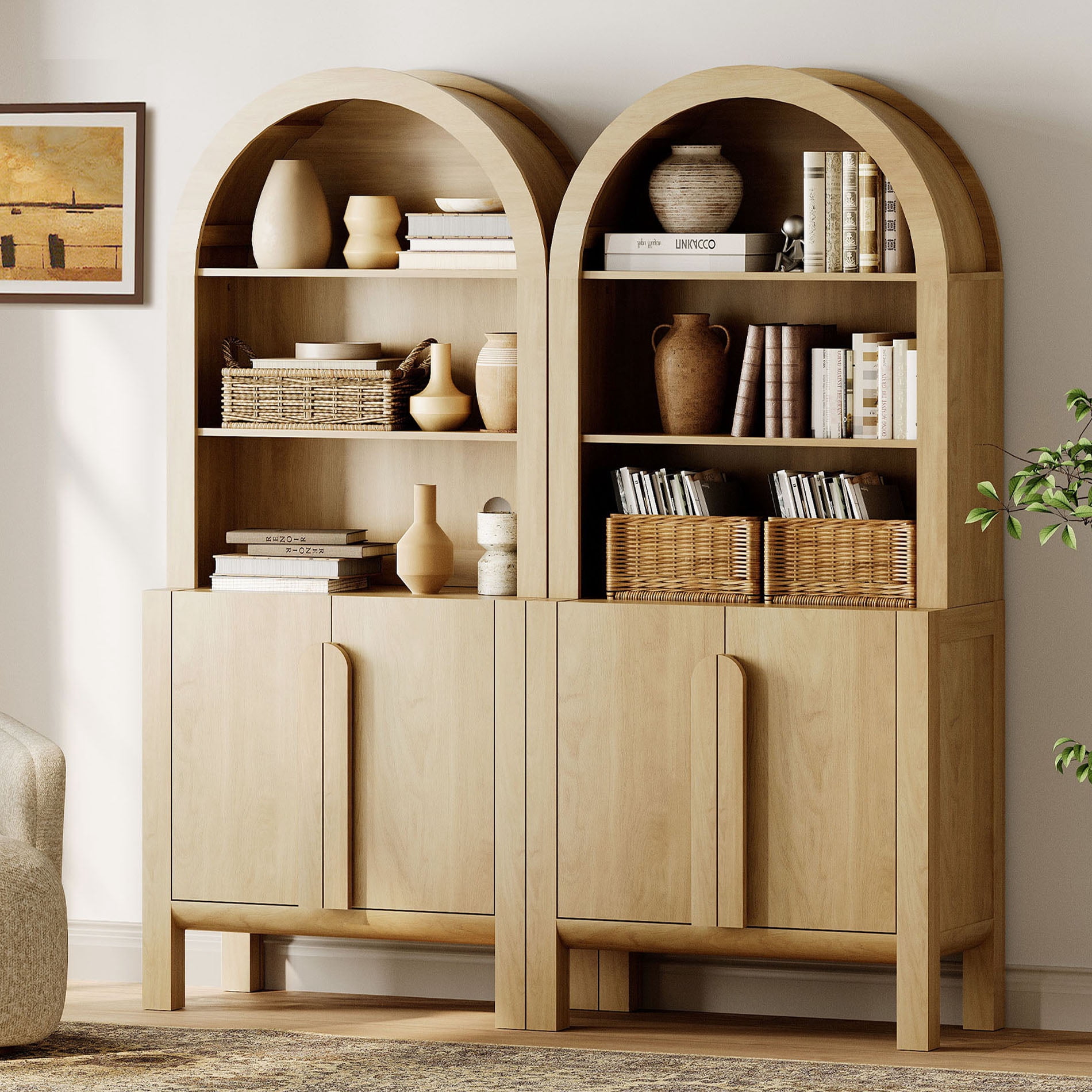 71” Tall Arched Bookshelf Set of 2, Modern 5 Tier Bookcase with Cabinet, Wooden Display Cabinet with Doors and Adjustable Shelves, Versatile Bookshelf for Living Room, Study, Office