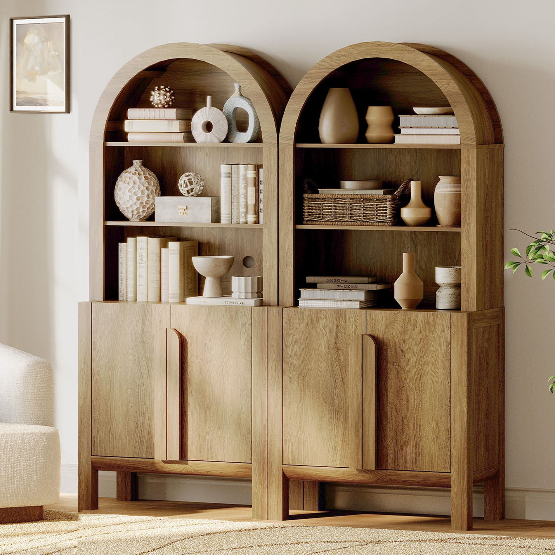 71” Tall Arched Bookshelf Set of 2, Modern 5 Tier Bookcase with Cabinet, Wooden Display Cabinet with Doors and Adjustable Shelves, Versatile Bookshelf for Living Room, Study, Office