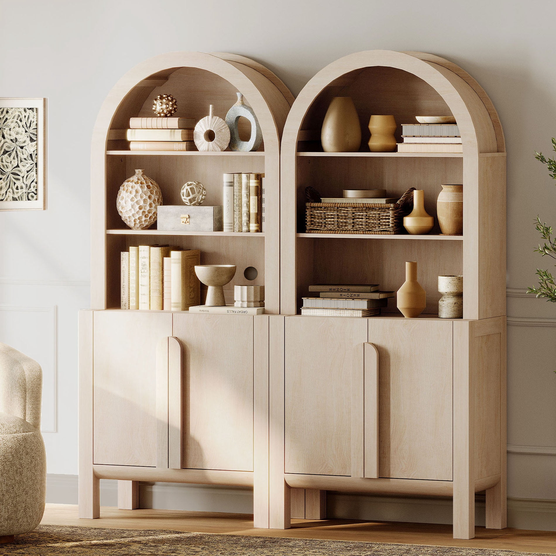 71” Tall Arched Bookshelf Set of 2, Modern 5 Tier Bookcase with Cabinet, Wooden Display Cabinet with Doors and Adjustable Shelves, Versatile Bookshelf for Living Room, Study, Office