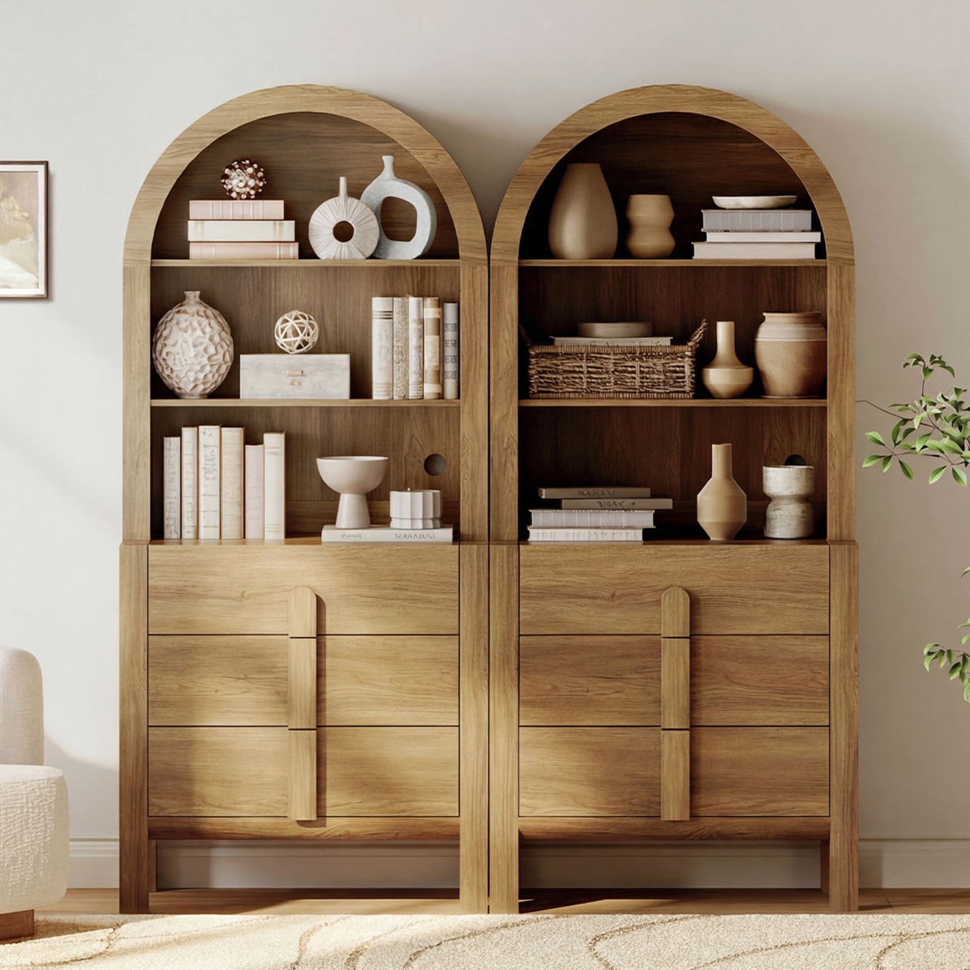 71” Tall Arched Bookshelf Set of 2, Modern 3 Tier Bookcase with Open Storage, Wooden Display Cabinet with Drawer and Adjustable Shelves, Versatile Bookshelf for Living Room, Study, Office