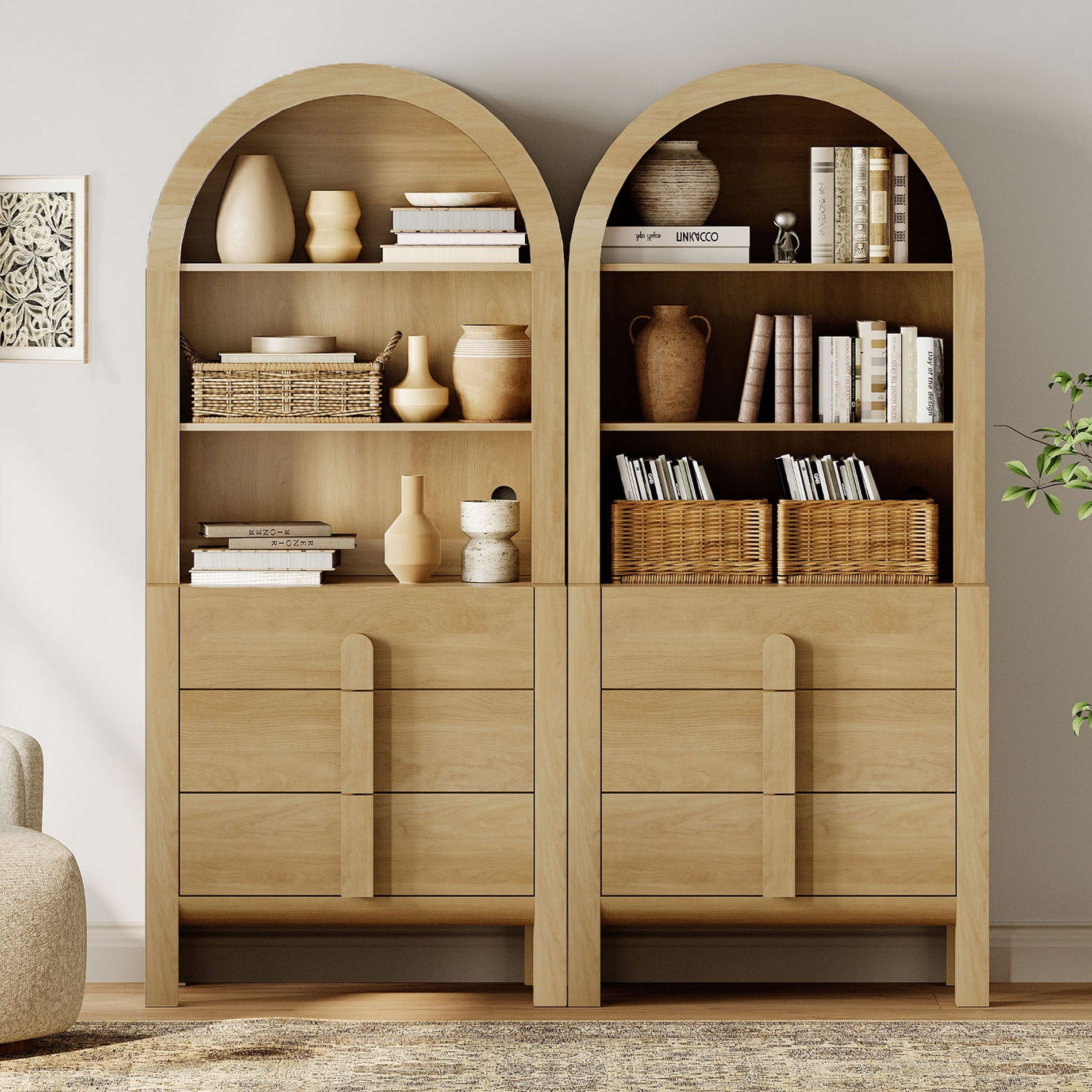 71” Tall Arched Bookshelf Set of 2, Modern 3 Tier Bookcase with Open Storage, Wooden Display Cabinet with Drawer and Adjustable Shelves, Versatile Bookshelf for Living Room, Study, Office