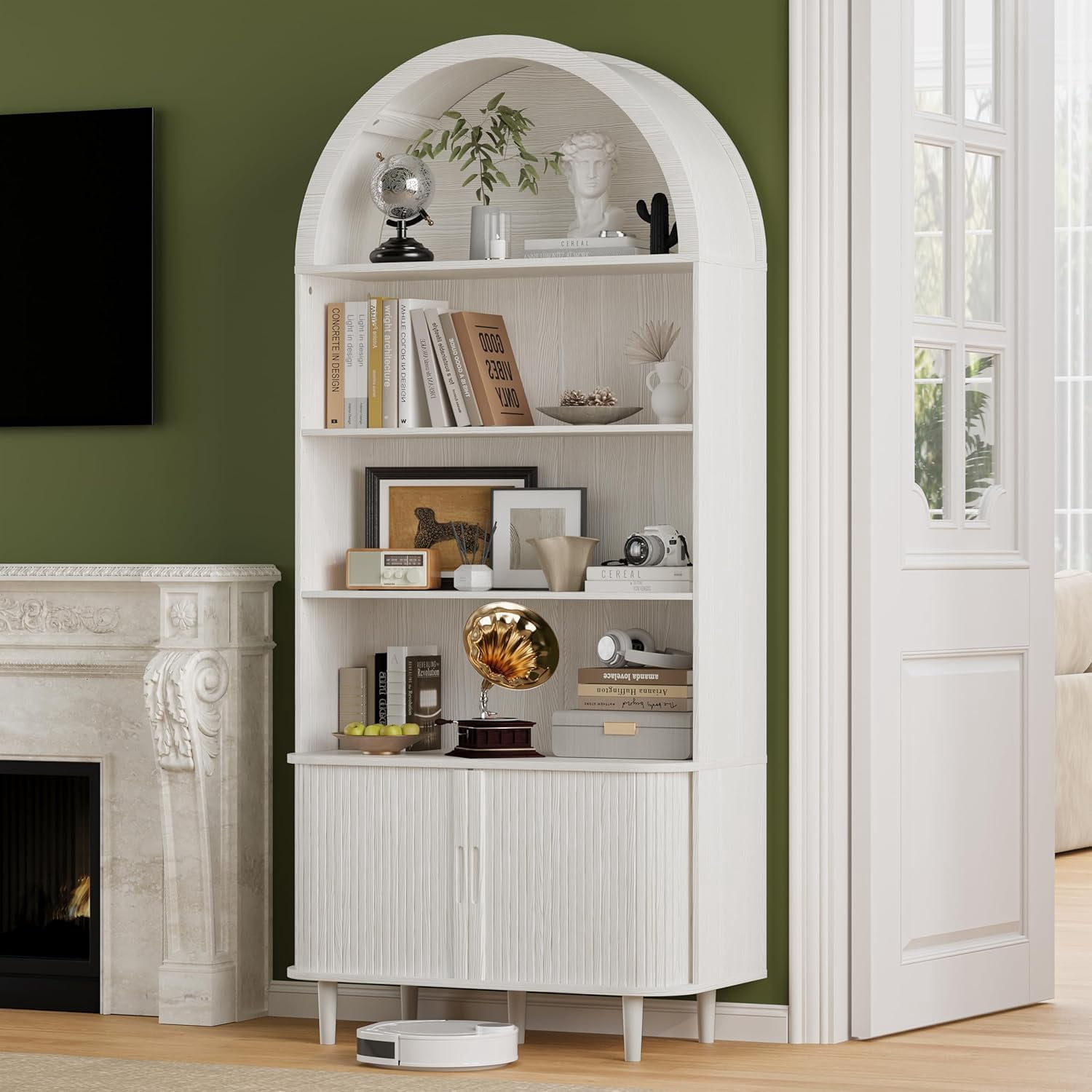 71" Tall Arched Bookshelf with Sliding Doors and Adjustable Shelves, 5-Tier Modern Farmhouse Bookcase, White Wood Display Cabinet for Living Room, Office