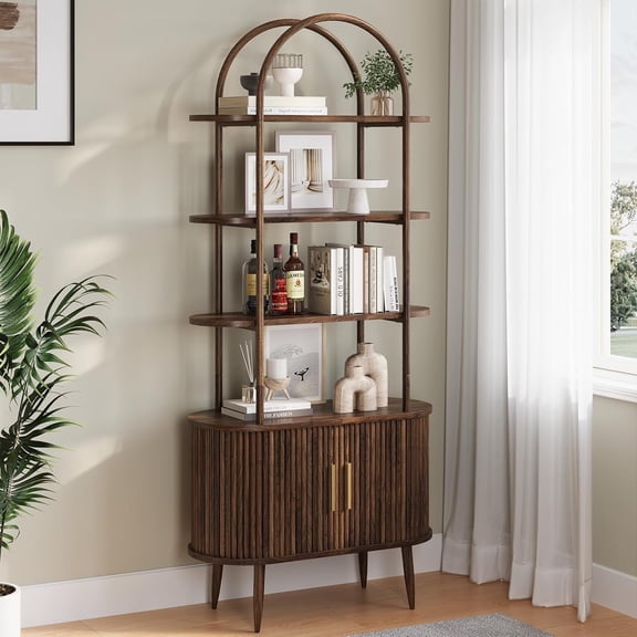 71" Tall Arched Bookshelf with Sliding Doors, Mid Century Modern Metal Curved Bookcase Cabinet with Storage, 4-Tier Storage Shelf for Living Room, Home Office, Bedroom, Walnut