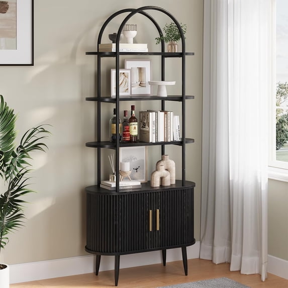 71" Tall Arched Bookshelf with Sliding Doors, Mid Century Modern Metal Curved Bookcase Cabinet with Storage, 4-Tier Storage Shelf for Living Room, Home Office, Bedroom, Black