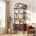thumbnail image 1 of 71" Tall Arched Bookshelf with Sliding Tambour Doors, Walnut | Mid Century Modern Curved Iron Frame Bookcase, 4-Tier Storage Display Shelving for Living Room/Bedroom/Home Office, 1 of 9