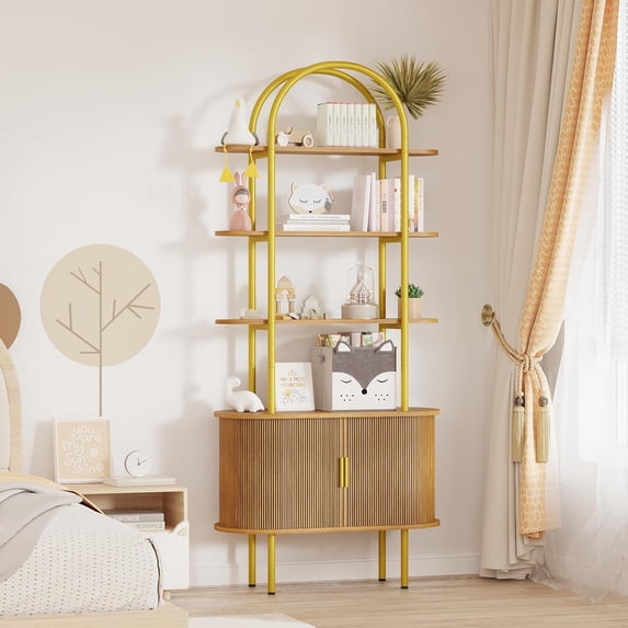 71" Tall Arched Bookshelf with Sliding Tambour Doors, Walnut | Mid Century Modern Curved Iron Frame Bookcase, 4-Tier Storage Display Shelving for Living Room/Bedroom/Home Office