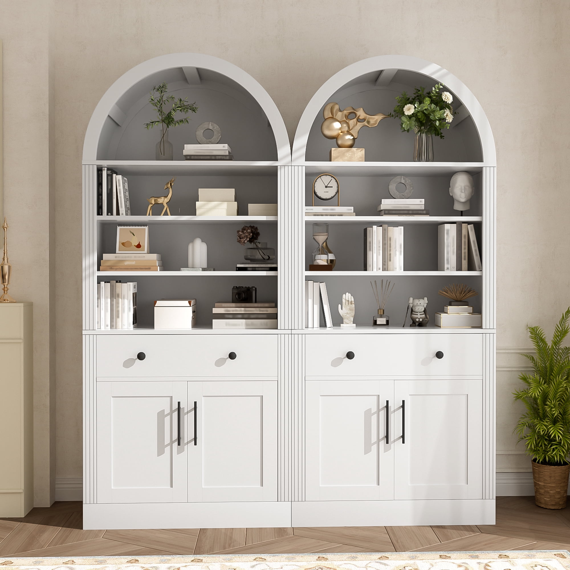 71" Tall Arched Bookshelf with Storage Cabinet, 2 Piece Display Bookcase with Drawer Doors and Adjustable Shelves