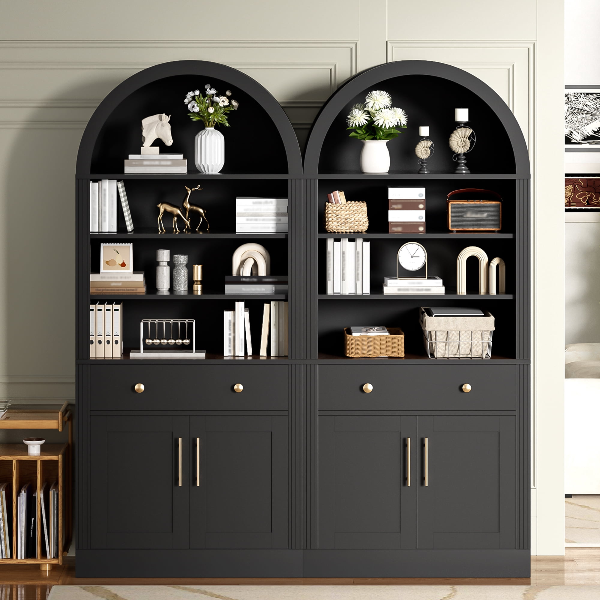 71" Tall Arched Bookshelf with Storage Cabinet, 2 Piece Display Bookcase with Drawer Doors and Adjustable Shelves