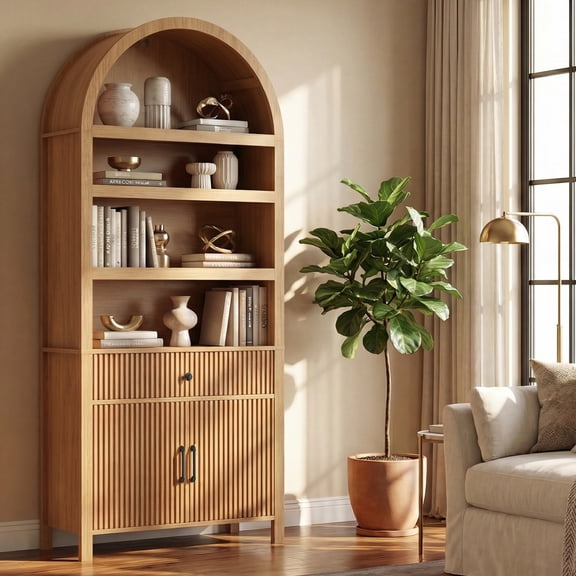 71" Tall Arched Cabinet, 6-Tier Mid Century Modern Arched Bookshelf with Doors and Drawer, Adjustable Shelves, Fluted Bookshelf with Storage for Living Room, Kitchen, Home Office, Oak