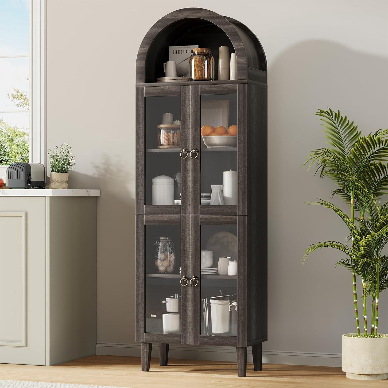 71" Tall Arched Cabinet with Acrylic Glass Door, Modern Curio Arched Bookcase, Display Cabinet Organizer, Kitchen Pantry with Top-Opening Storage Container for Living Dining Room, Black