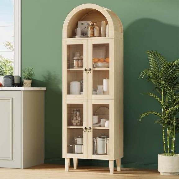 71" Tall Arched Cabinet with Acrylic Glass Door, Modern Curio Arched Bookcase, Display Cabinet Organizer, Kitchen Pantry with Top-Opening Storage Container for Living Dining Room, Natural