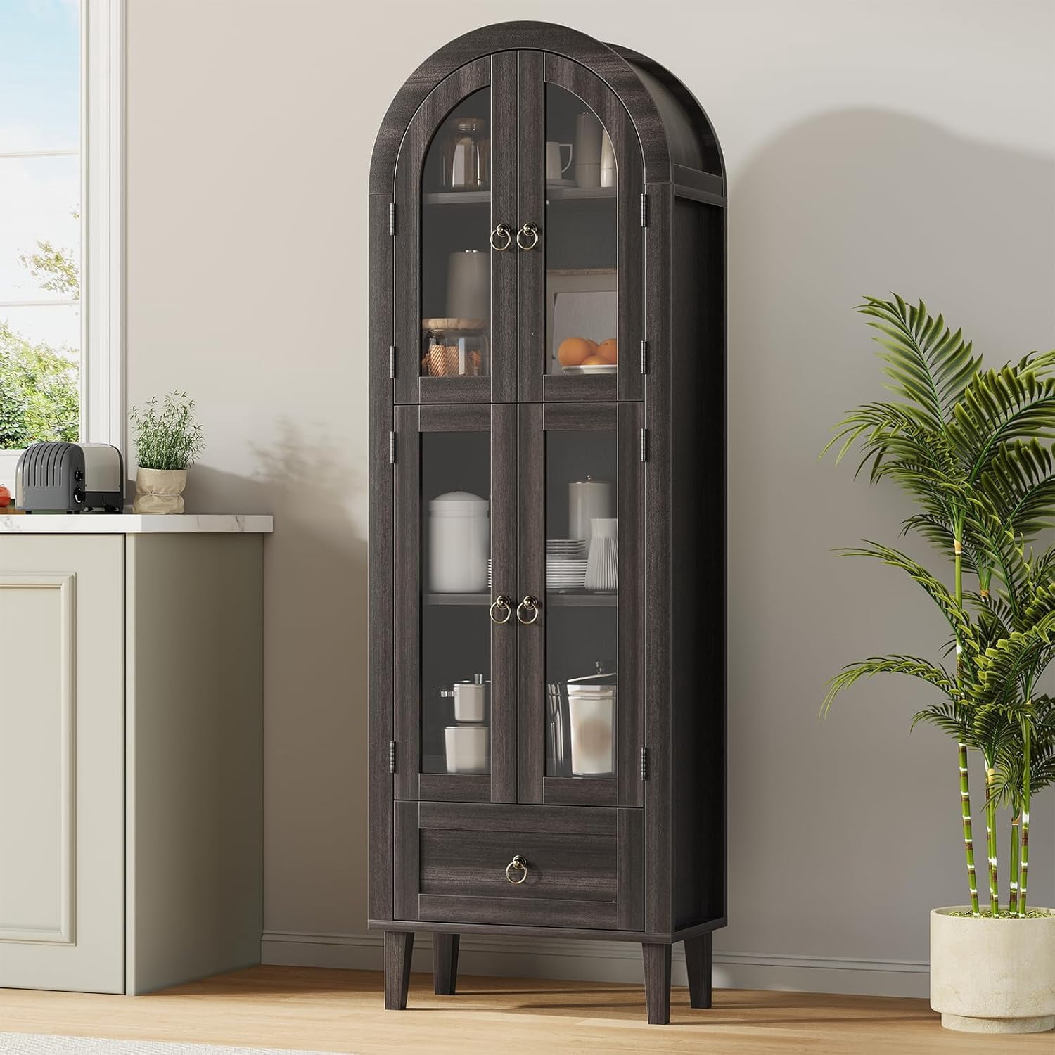 71” Tall Arched Cabinet with Acrylic Glass Door, Modern Curio Arched Bookcase W/Drawer, Display Cabinet Organizer, Kitchen Pantry with Top-Opening Storage Container for Living Dining Room