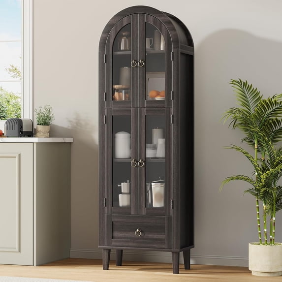 71” Tall Arched Cabinet with Acrylic Glass Door, Modern Curio Arched Bookcase W/Drawer, Display Cabinet Organizer, Kitchen Pantry with Top-Opening Storage Container for Living Dining Room