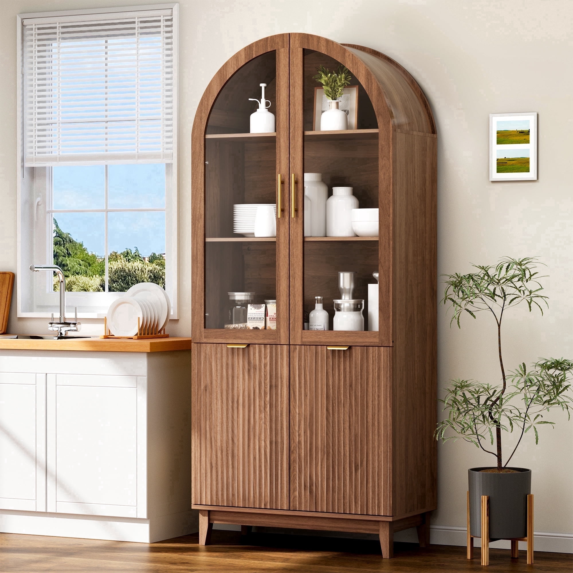 PamapicLife 71" Tall Walnut Arched Cabinet, Fluted Kitchen Pantry With Glass Doors, Adjustable Shelves