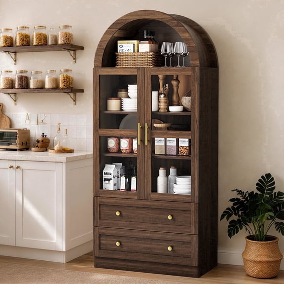 PamapicLife Farmhouse Tall Wooden Pantry Cabinet, 71 Inch Arched Storage Cabinet Equipped with Clear Acrylic Doors and 2 Spacious Drawers, LED Lit Kitchen Pantry for Living Room & Dining