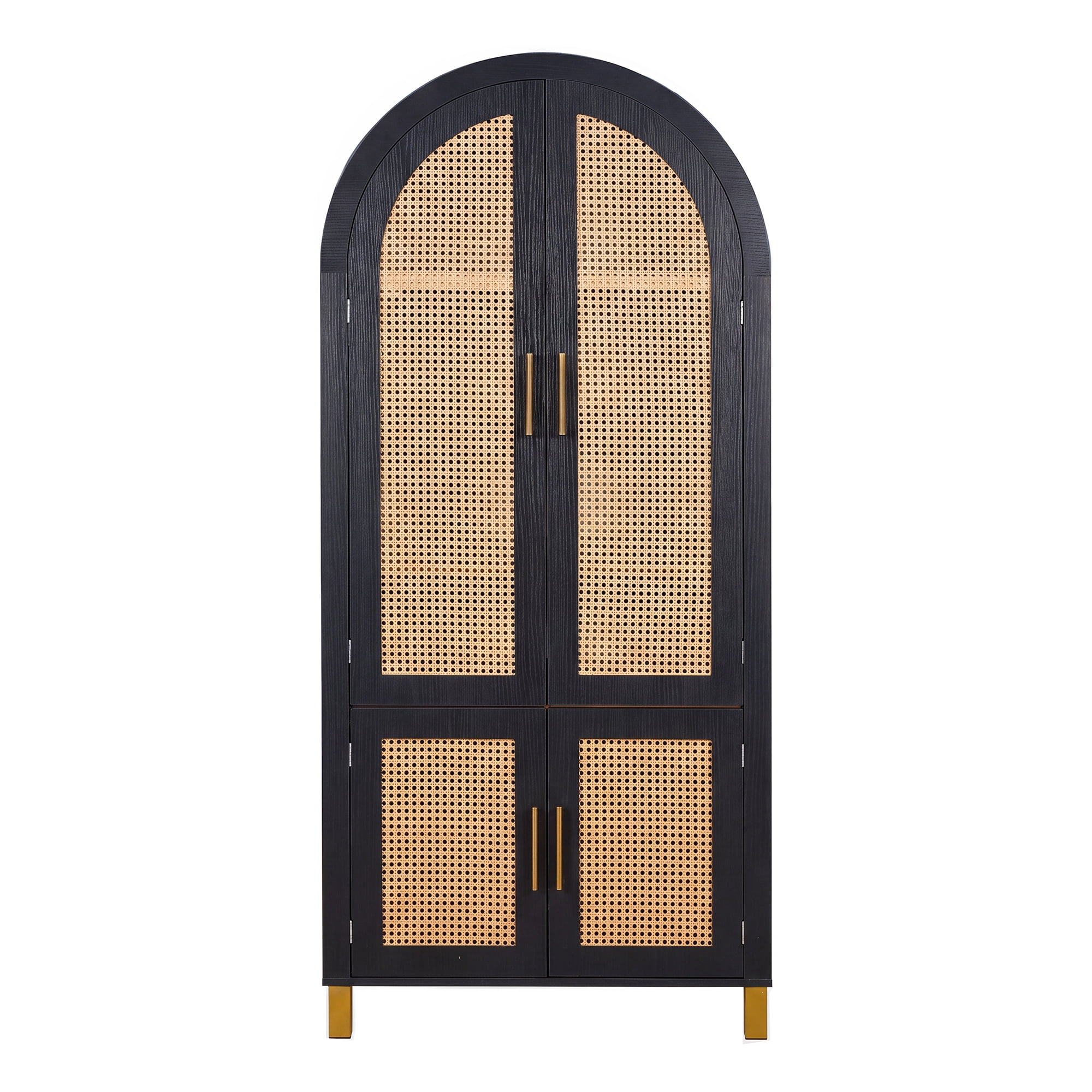 71" Tall Arched Cabinet with Rattan Doors & Adjustable Shelves,4 Doors Modern Farmhouse Storage Cabinet with Built-in Racks for Kitchen, Dining Room, Study, Black