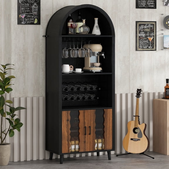 71" Tall Arched Cabinet with Storage and Door, Bar Cabinets with Glass Holders and Wine Rack, Modern Display Cabinets for Home, Living Room, Dining Room, Black