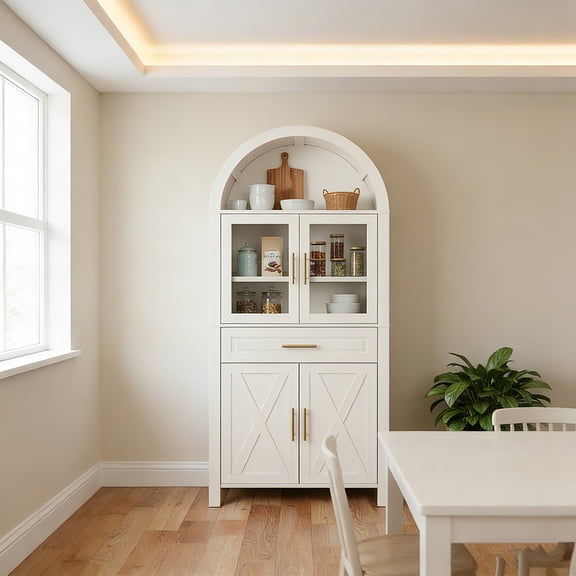 71" Tall Arched Farmhouse Kitchen Pantry Cabinet with Glass Door and Barn Door Design, Adjustable Shelves, Freestanding Storage Cabinet for Kitchen Living Room Dining Room, White