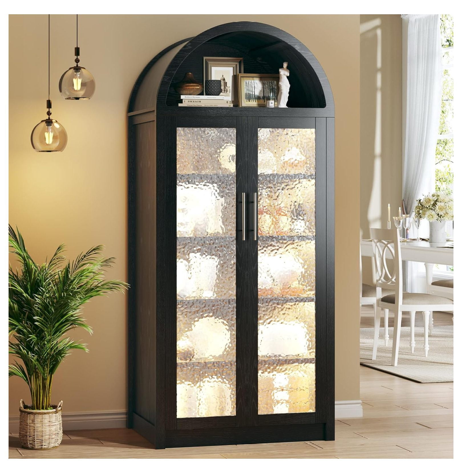 71" Tall Arched Kitchen Pantry Cabinet with 3 Color, Black Modern Glass ...