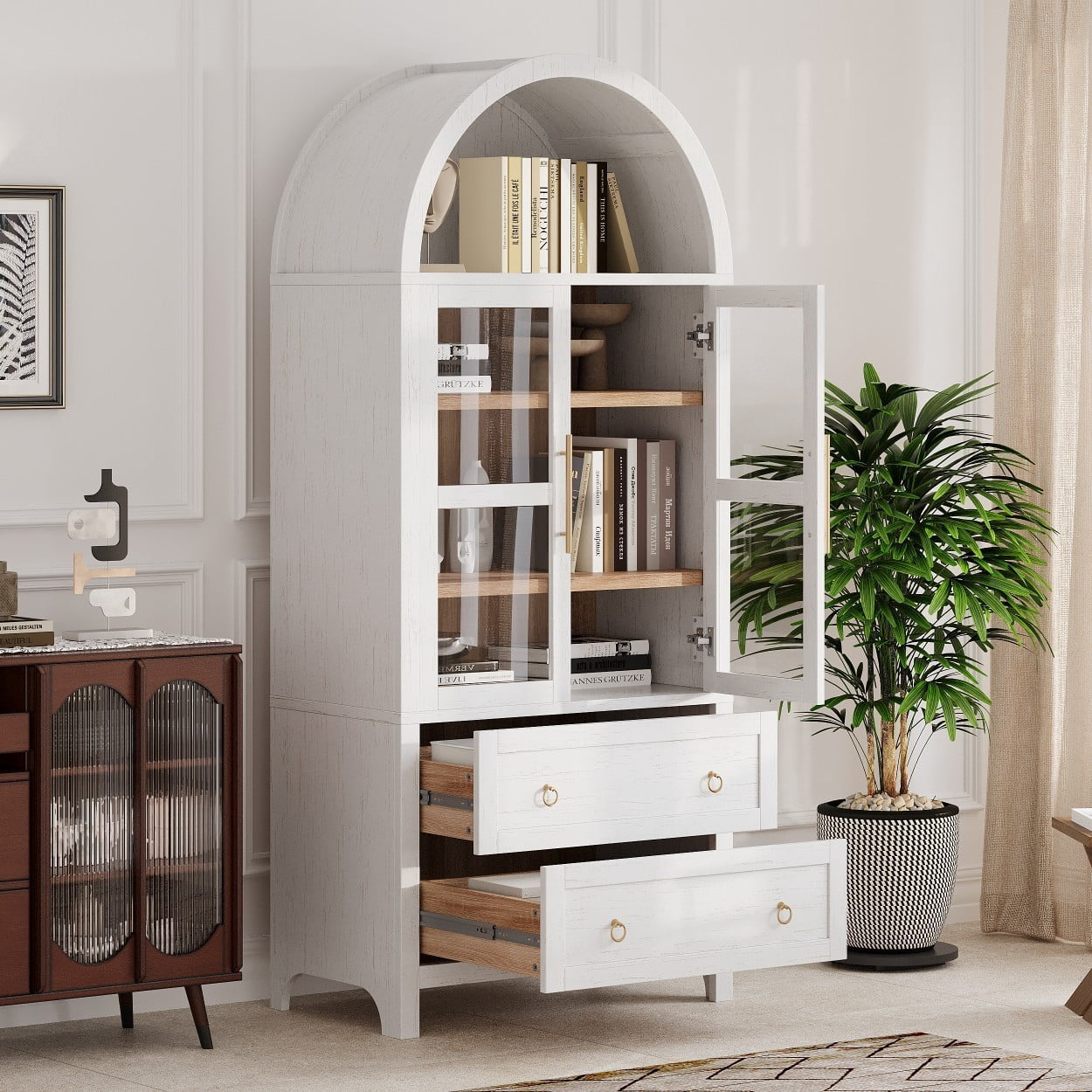 71" Tall Arched Kitchen Pantry Cabinet, Farmhouse Storage Cabinet with 2 Glass Doors, 2 Large Drawers, Adjustable Shelves, Freestanding Cupboard for Kitchen Dining Room, White