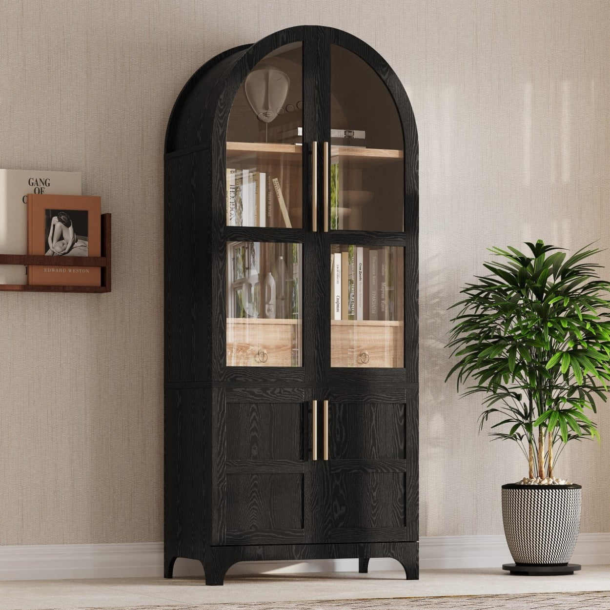 71" Tall Arched Kitchen Pantry Cabinet, Farmhouse Storage Cabinet with Glass Door, Adjustable Shelves, Hidden Drawer & Door Shelves for Dining Room, Black