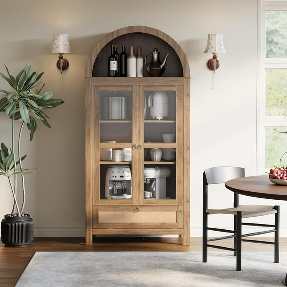 71 Tall Arched Kitchen Pantry Cabinet, Modern Farmhouse Hutch Storage Cabinets with Large Drawer and Glass Doors for Kitchen, Dining Room, Living Room, Natural