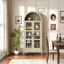 71" Tall Arched Kitchen Pantry Cabinet, Modern Farmhouse Kitchen Storage Cabinets with LED Lights, Arched Cabinet with Open & Adjustable Shelves, Hidden Drawer & Glass Door for Dining Room, Kitchen