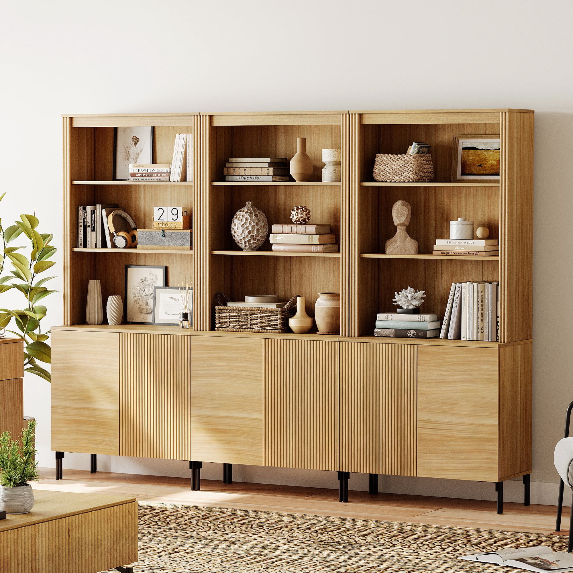 71" Tall Arched Kitchen Pantry Cabinet Set of 2, Wood Bookcase Display Cabinet With Doors And Adjustable Shelves, Mid-Century Modern Versatile Cupboard For Dining Room, Bedroom