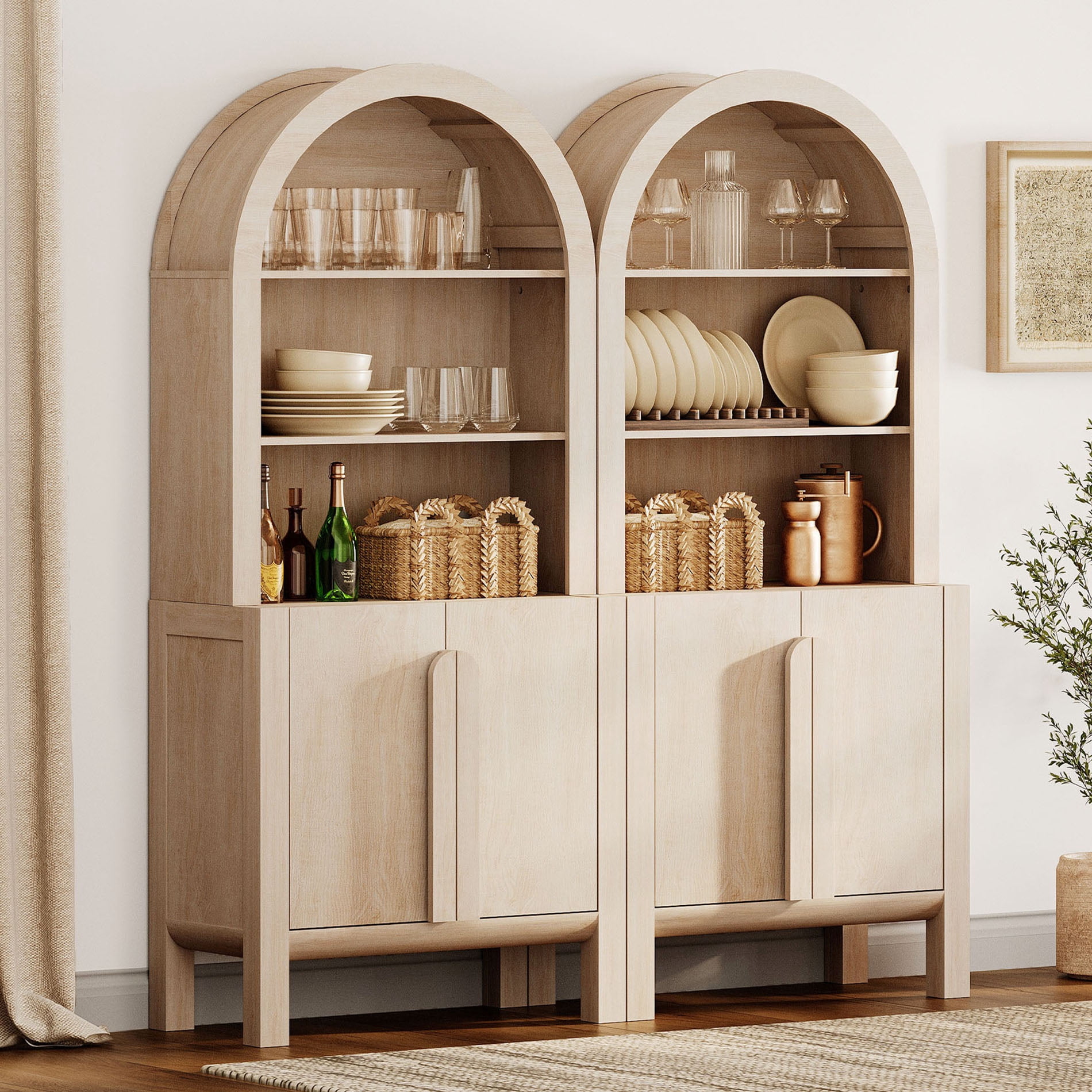 71" Tall Arched Kitchen Pantry Cabinet Set of 2, Wood Bookcase Display Cabinet With Doors And Adjustable Shelves, Mid-Century Modern Versatile Cupboard For Dining Room, Bedroom