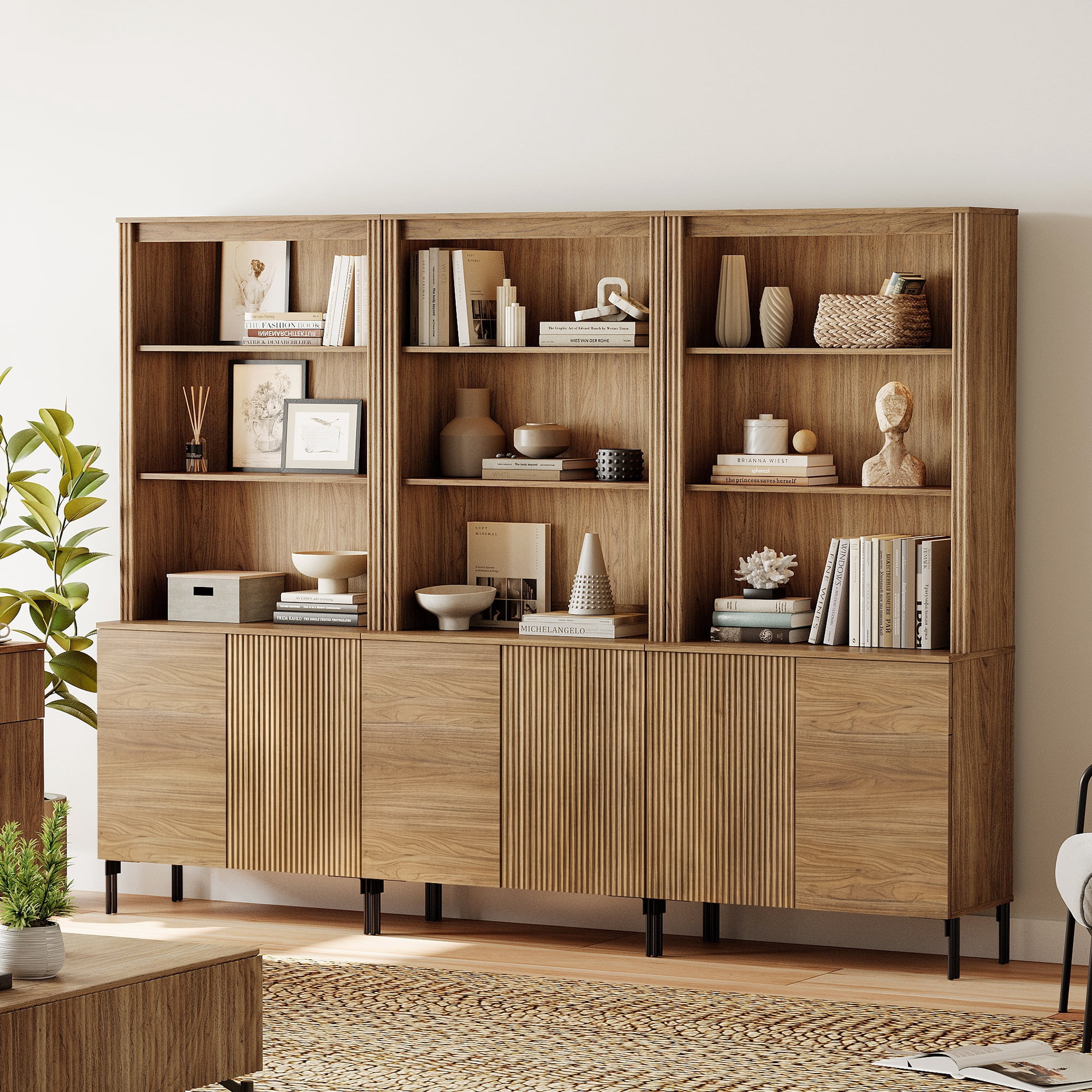 71" Tall Arched Kitchen Pantry Cabinet Set of 2, Wood Bookcase Display Cabinet With Doors And Adjustable Shelves, Mid-Century Modern Versatile Cupboard For Dining Room, Bedroom