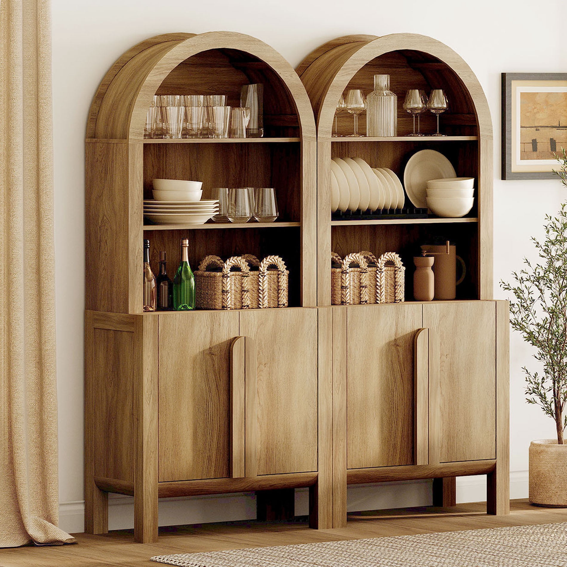 71" Tall Arched Kitchen Pantry Cabinet Set of 2, Wood Bookcase Display Cabinet With Doors And Adjustable Shelves, Mid-Century Modern Versatile Cupboard For Dining Room, Bedroom