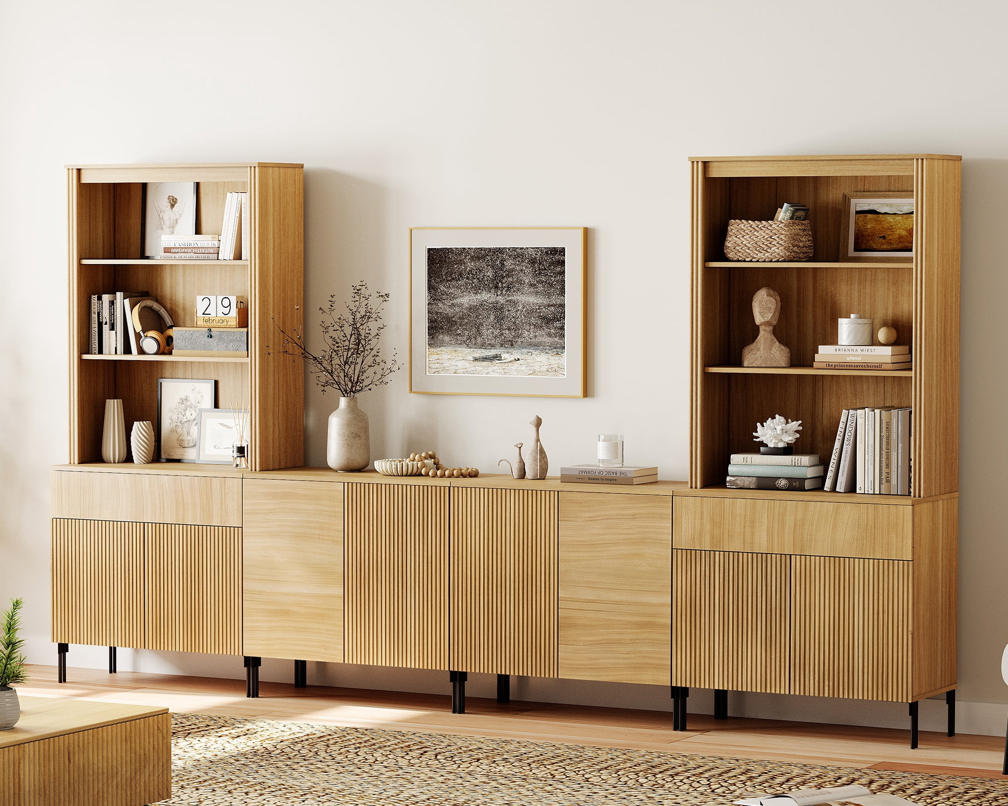 71" Tall Arched Kitchen Pantry Cabinet Set of 2, Wood Bookcase Display Cabinet With Drawers And Open Arched Shelves, Mid-Century Modern Versatile Cupboard For Dining Room, Bedroom