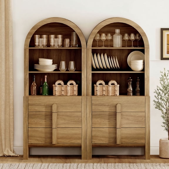 71" Tall Arched Kitchen Pantry Cabinet Set of 2, Wood Bookcase Display Cabinet With Drawers And Open Arched Shelves, Mid-Century Modern Versatile Cupboard For Dining Room, Bedroom