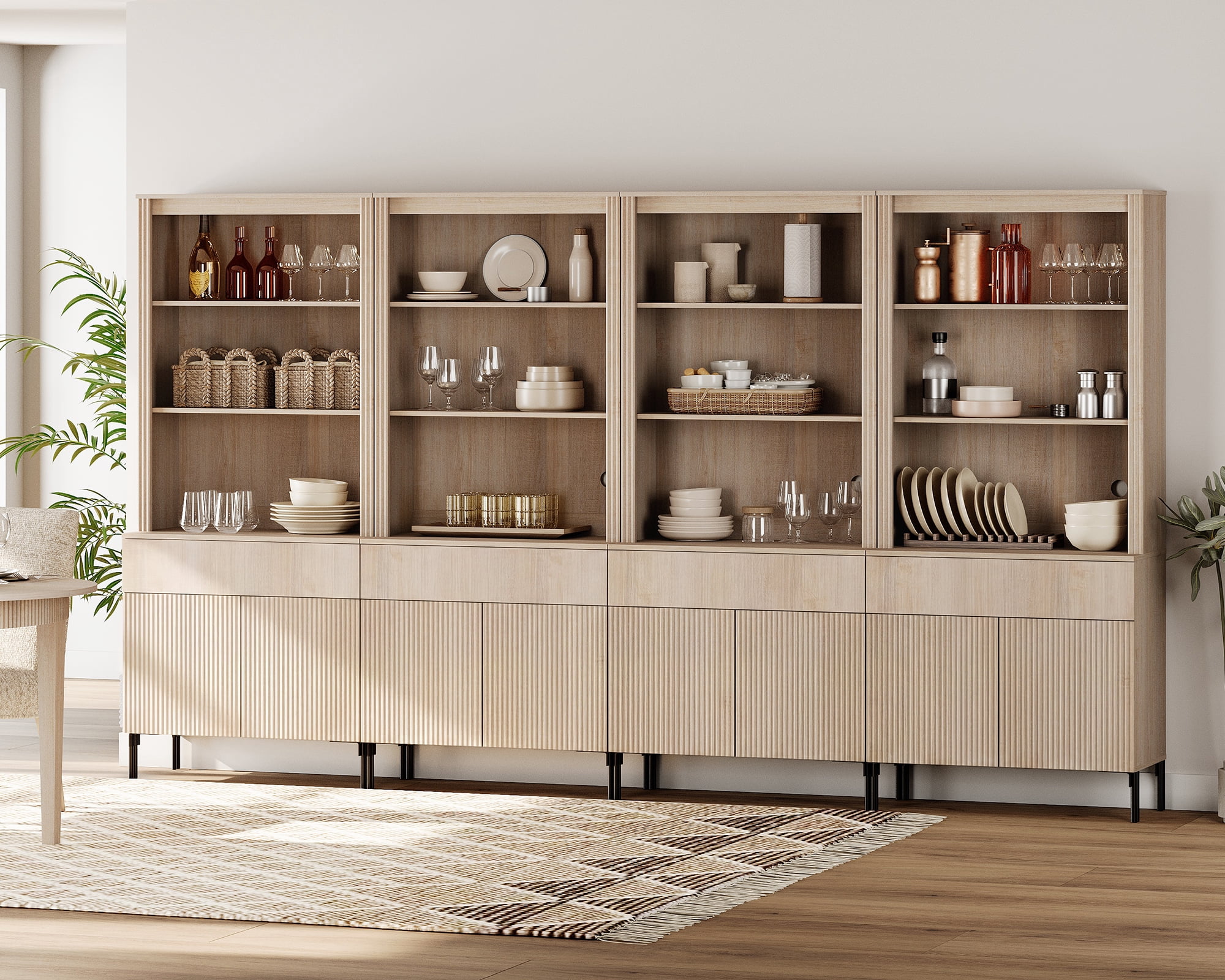 71" Tall Arched Kitchen Pantry Cabinet, Wood Bookcase Display Cabinet With Doors And Adjustable Shelves, Mid-Century Modern Versatile Cupboard For Dining Room, Bedroom