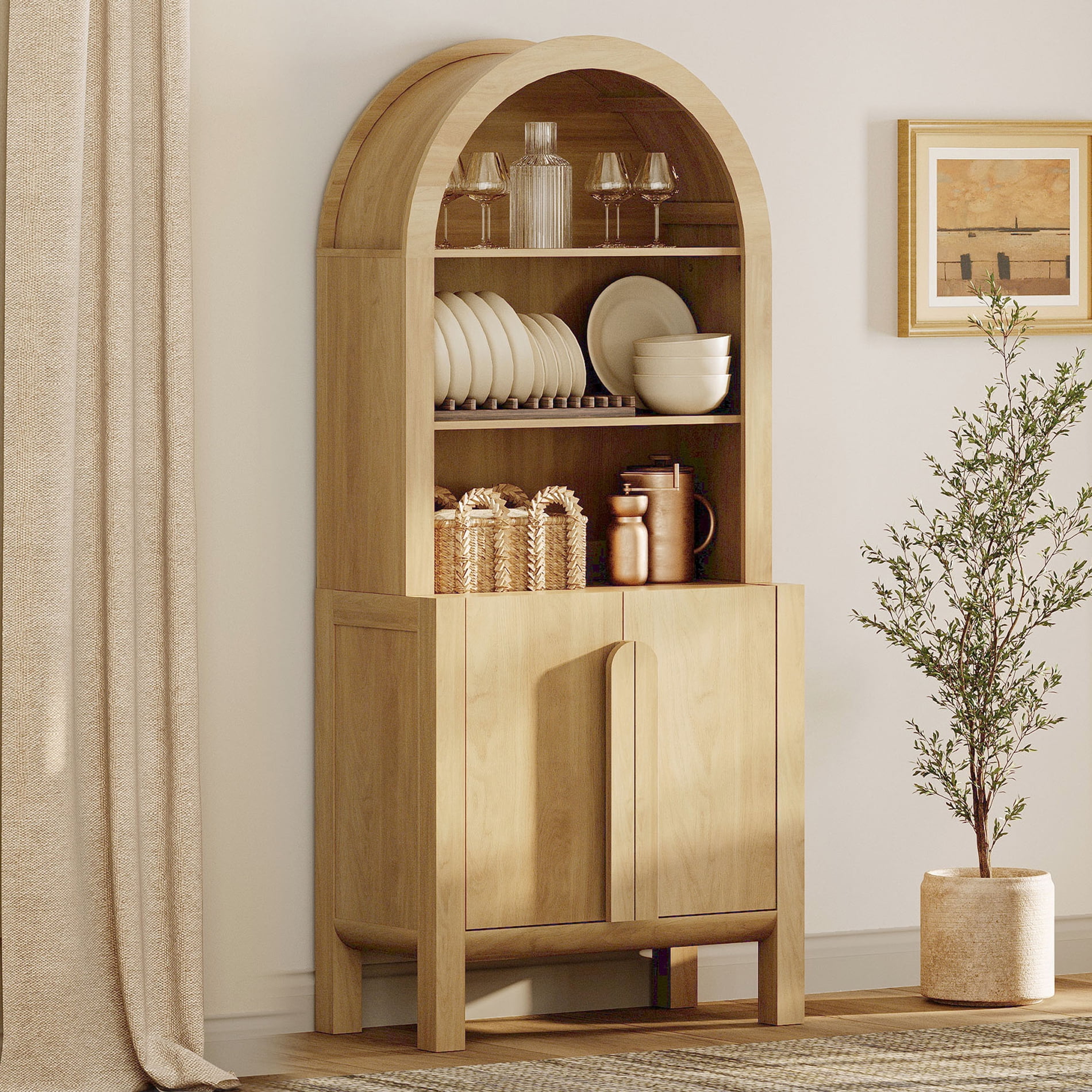 71" Tall Arched Kitchen Pantry Cabinet, Wood Bookcase Display Cabinet With Doors And Adjustable Shelves, Mid-Century Modern Versatile Cupboard For Dining Room, Bedroom