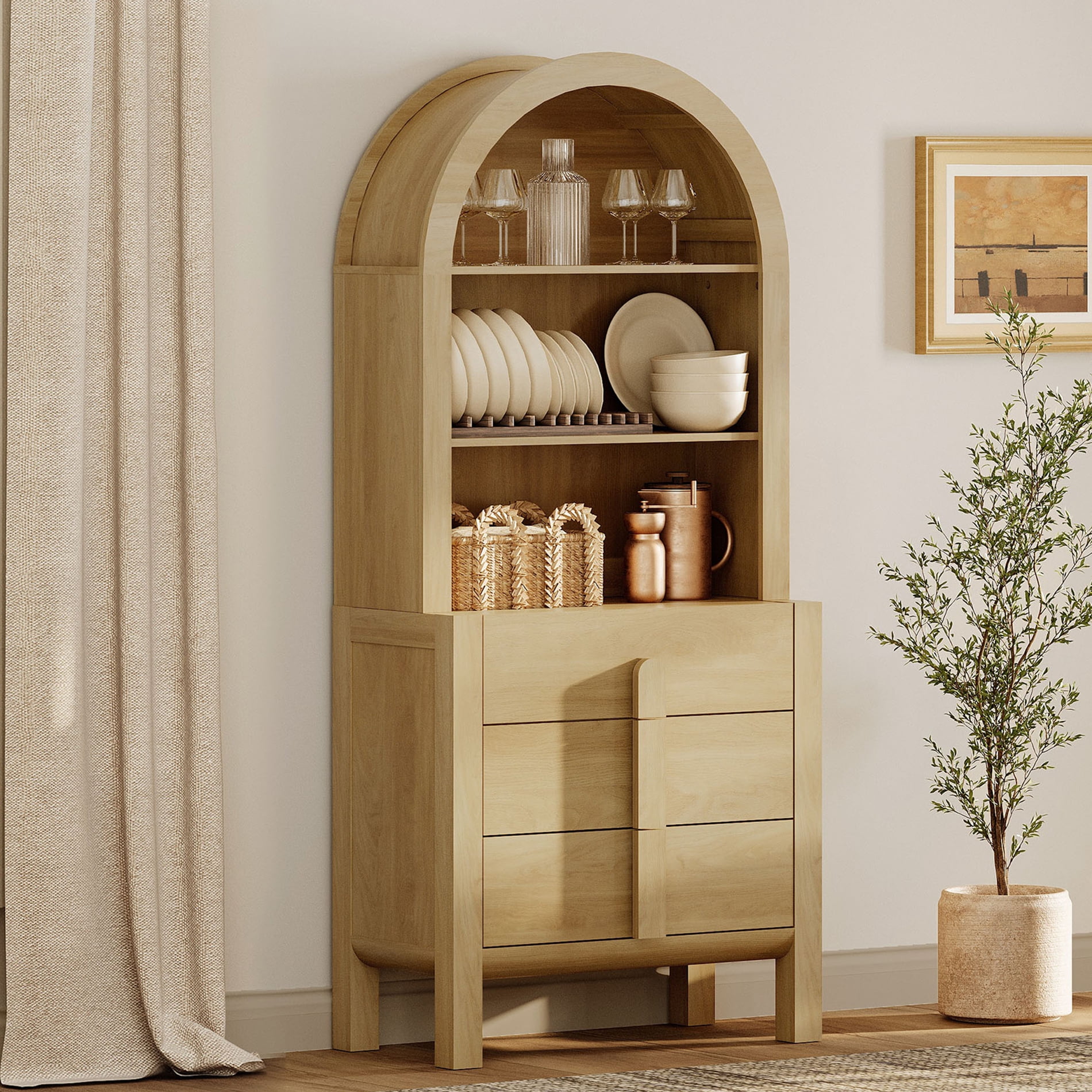 71" Tall Arched Kitchen Pantry Cabinet, Wood Bookcase Display Cabinet With Drawers And Open Arched Shelves, Mid-Century Modern Versatile Cupboard For Dining Room, Bedroom