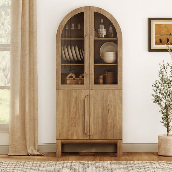 71" Tall Arched Kitchen Pantry Cabinet, Wood Bookcase Display Cabinet With Glass Doors And Adjustable Shelves, Mid-Century Modern Versatile Cupboard For Dining Room, Bedroom