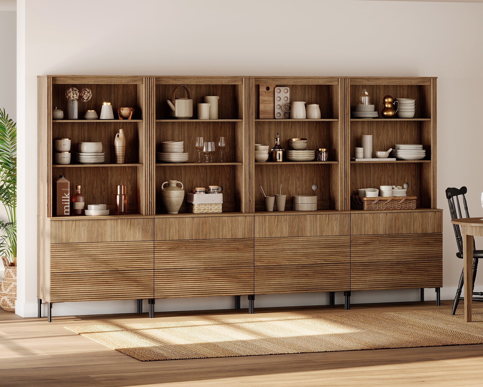 71" Tall Arched Kitchen Pantry Cabinet, Wood Bookcase Display Cabinet With Glass Doors And Adjustable Shelves, Mid-Century Modern Versatile Cupboard For Dining Room, Bedroom