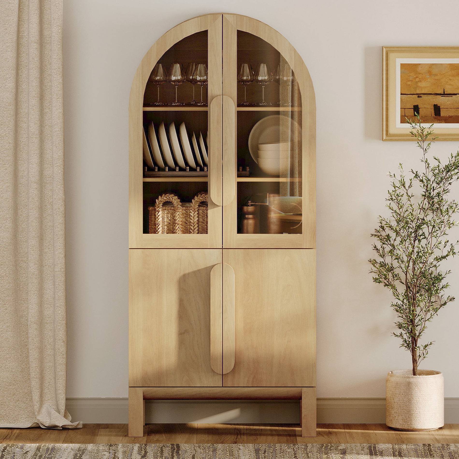 71" Tall Arched Kitchen Pantry Cabinet, Wood Bookcase Display Cabinet With Glass Doors And Adjustable Shelves, Mid-Century Modern Versatile Cupboard For Dining Room, Bedroom
