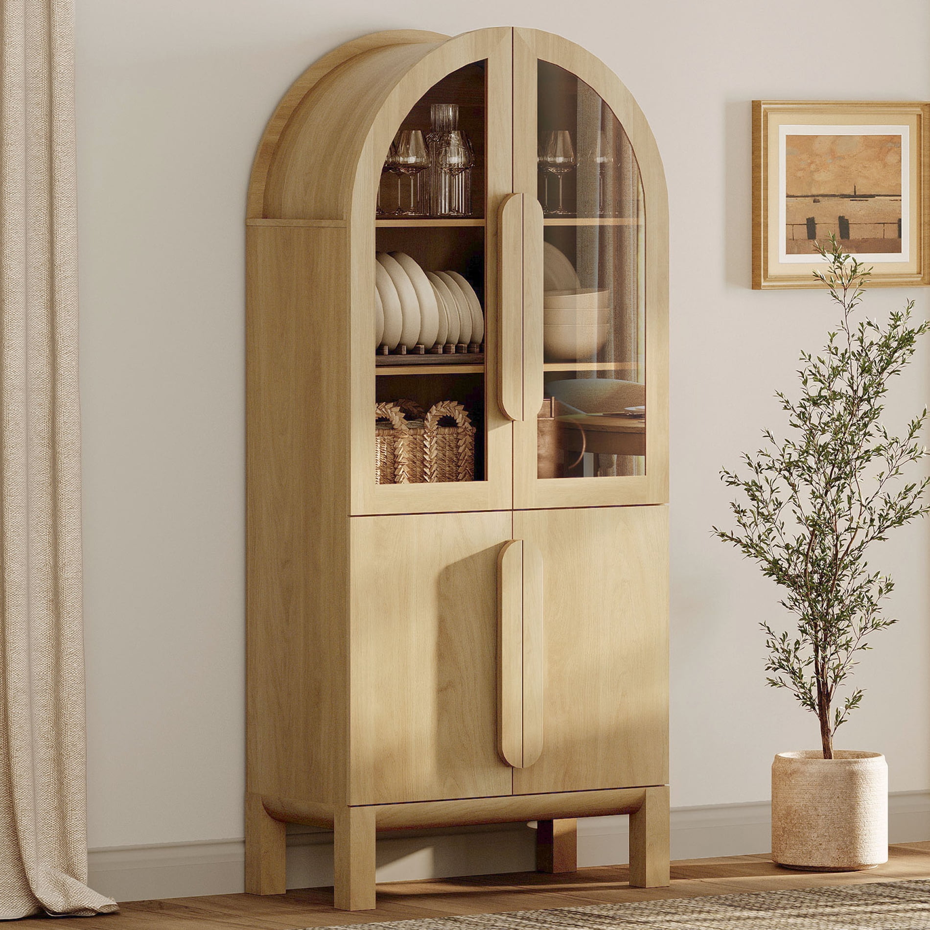 71" Tall Arched Kitchen Pantry Cabinet, Wood Bookcase Display Cabinet With Glass Doors And Adjustable Shelves, Mid-Century Modern Versatile Cupboard For Dining Room, Bedroom