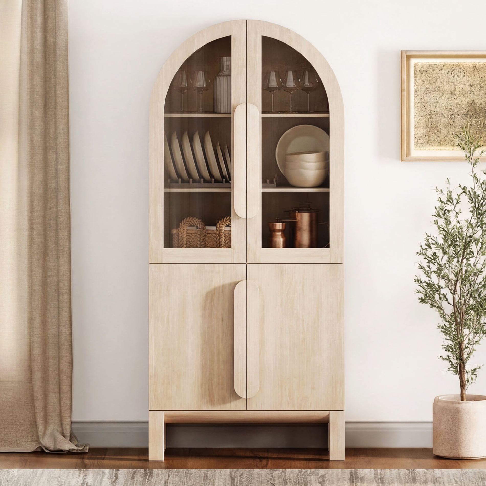 71" Tall Arched Kitchen Pantry Cabinet, Wood Bookcase Display Cabinet With Glass Doors And Adjustable Shelves, Mid-Century Modern Versatile Cupboard For Dining Room, Bedroom