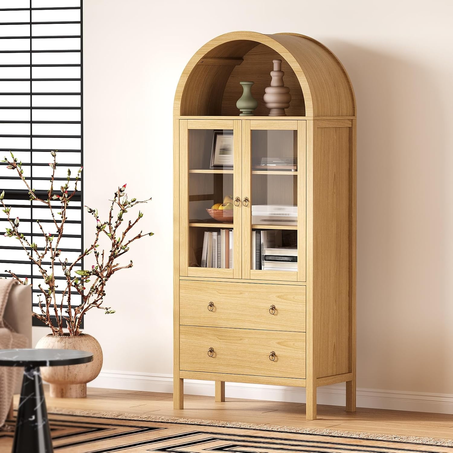 SinCiDo Arched Kitchen Pantry Storage Cabinet 71 Inch Tall Wood Adjustable Shelves 2 Doors 2 Drawers