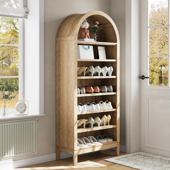 71" Tall Arched Shoe Cabinet, 7-Tier Wooden Shoe Rack with Adjustable Shelves, Freestanding Modern Organizer Storage Shelf for Entryway, Closet, Hallway, Living Room