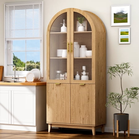 Pamapic 71'' Tall Arched Bookcase with Doors, Modern Wooden Bookshekves with Adjustable Shelves for Home office, Living Room, in Natural